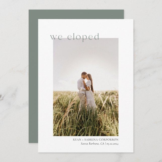 We Eloped Modern Minimalist Eucalyptus Green Announcement (Front/Back)