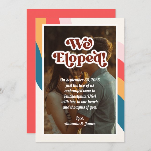 We Eloped Modern Photo Groovy Retro 70s Wedding Announcement (Front/Back)