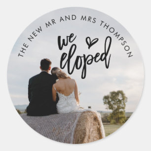 We Eloped Photo Name Artsy Script Classic Round Sticker