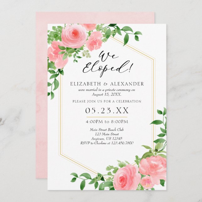 We Eloped Pink Floral Wedding Elopement Invitation (Front/Back)
