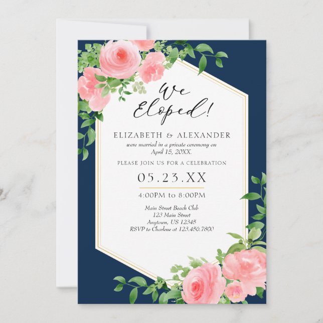 We Eloped Pink Navy Floral Wedding Elopement Invitation (Front)