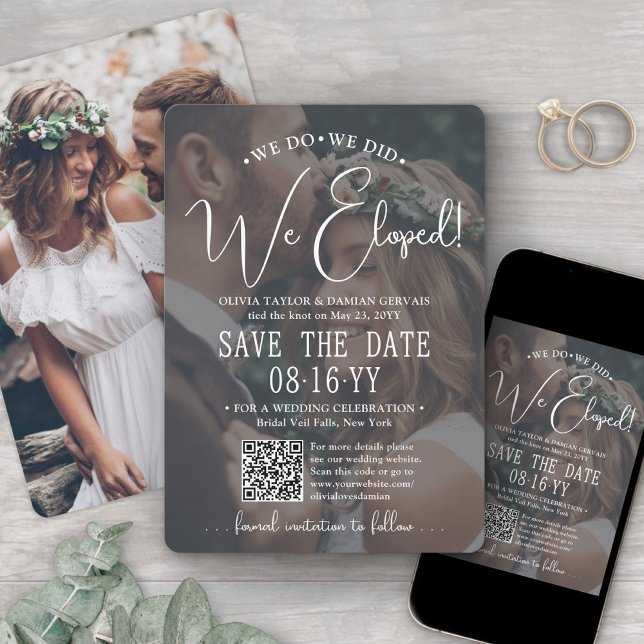 We Eloped! QR Code Photo Overlay Wedding Reception Save The Date (Creator Uploaded)