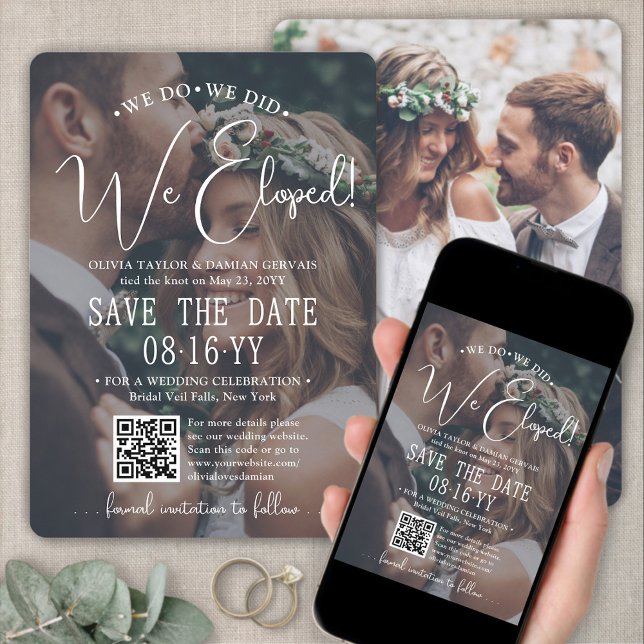 We Eloped! QR Code Photo Overlay Wedding Reception Save The Date (Creator Uploaded)