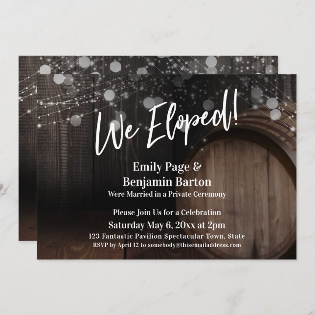 We Eloped Rustic Wood Barrel and Lights Reception Invitation (Front/Back)