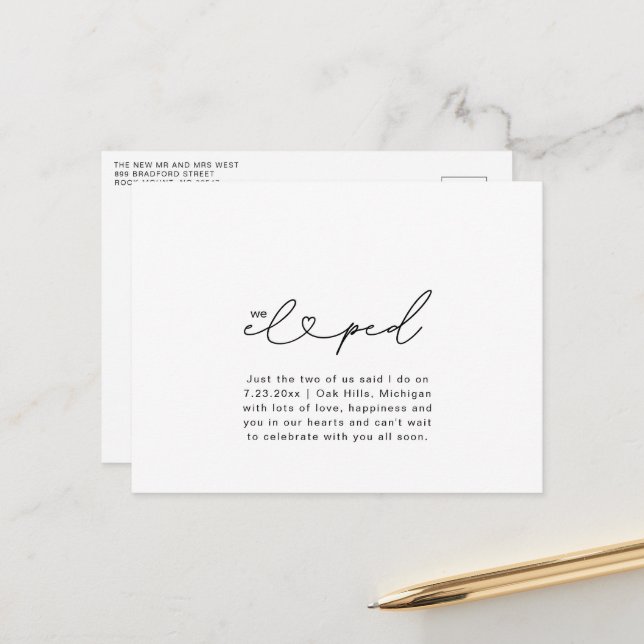 We Eloped Script Heart Chic Wedding Photo Postcard (Front/Back In Situ)