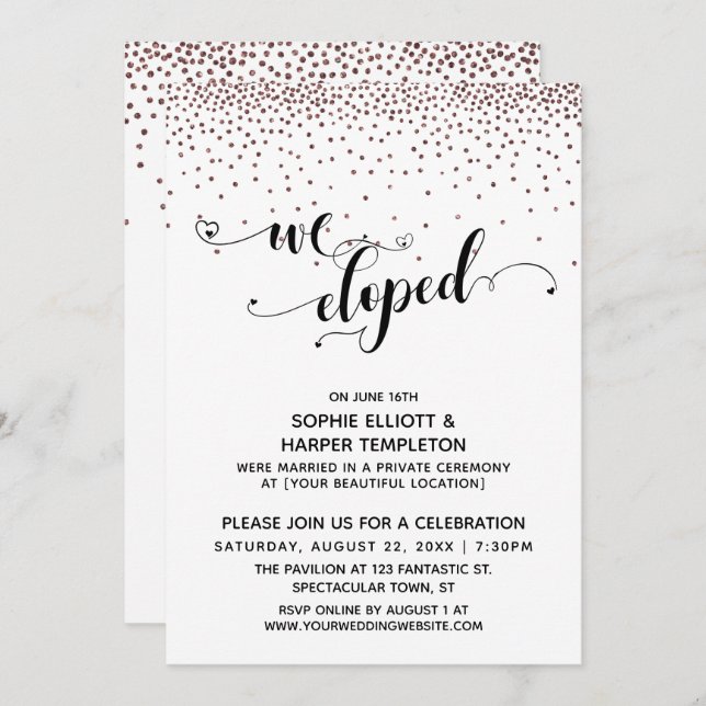 We Eloped Script Rose Gold Confetti Reception Invitation (Front/Back)