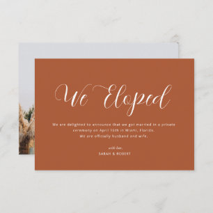 we eloped script terracotta wedding announcement