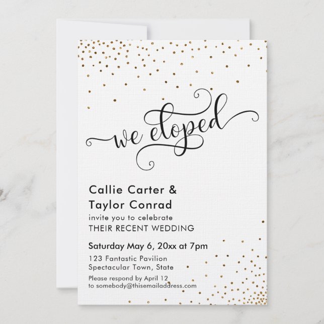 We Eloped Script Typography, Faux Gold Confetti Invitation (Front)