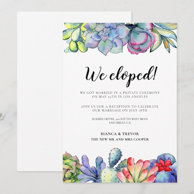 We eloped! Succulent cactus wedding announcement (Front/Back)