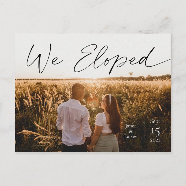 We Eloped Text Elegant Script Minimal Announcement Postcard (Front)