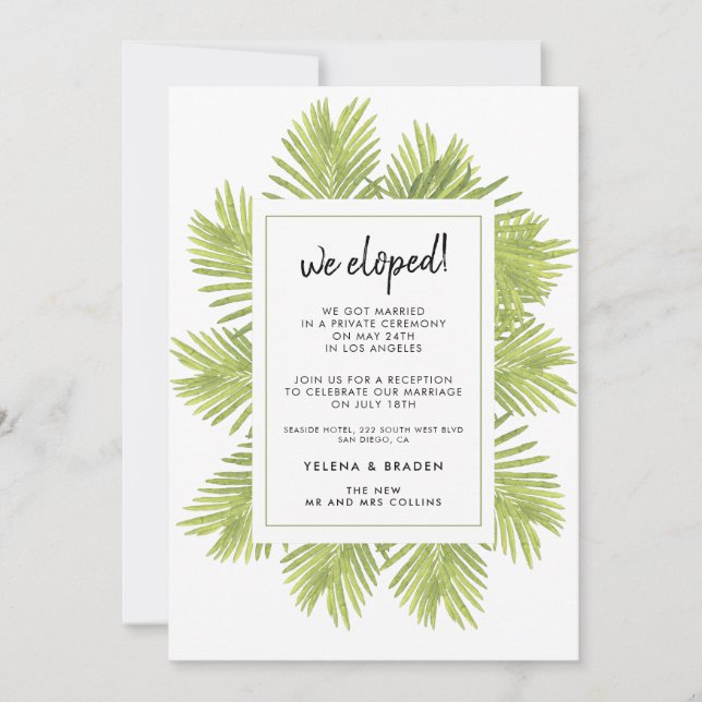 We eloped Tropical palm tree wedding announcement (Front)