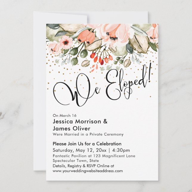 We Eloped! Typography, Blush Florals Gold Confetti Invitation (Front)