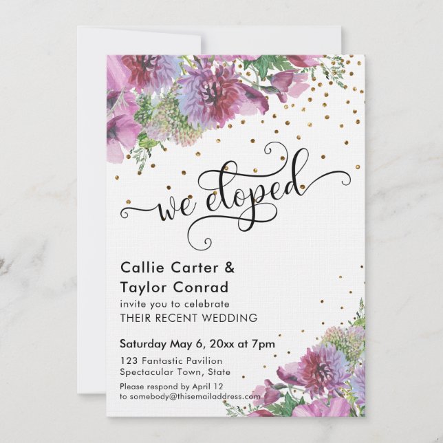 We Eloped Typography, Wildflower, Gold Confetti Invitation (Front)