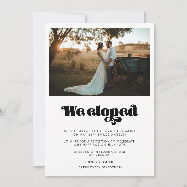 We eloped Vintage retro script announcement (Front)