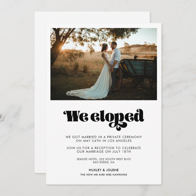 We eloped Vintage retro script announcement (Front/Back)