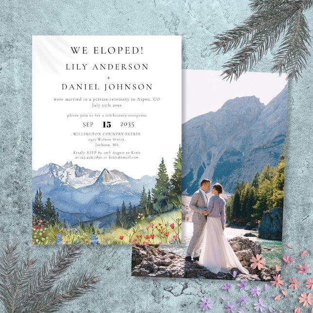 We Eloped Watercolor Mountain Elopement Photo Invitation (We Eloped Watercolor Mountain Elopement Photo Invitation)