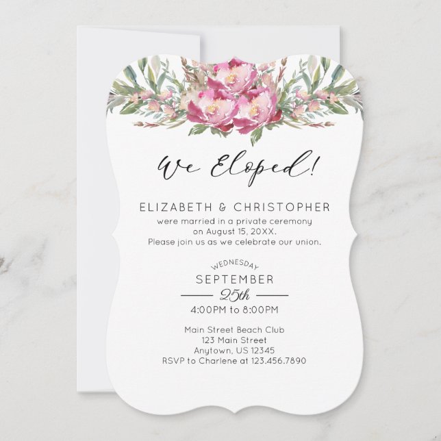 We Eloped Watercolor Pink Floral Wedding Elopement Invitation (Front)