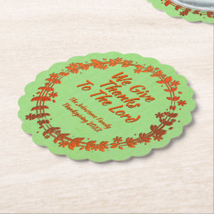 We Give Thanks To The Lord Wreath Name Scalloped Paper Coaster