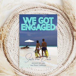 We Got Engaged Teal Neon Lights Photo Save The Date
