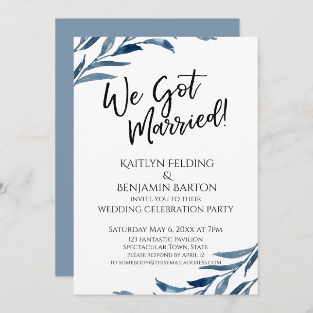 "We Got Married!" Blue Leaves Reception-Only Invitation (Front/Back)