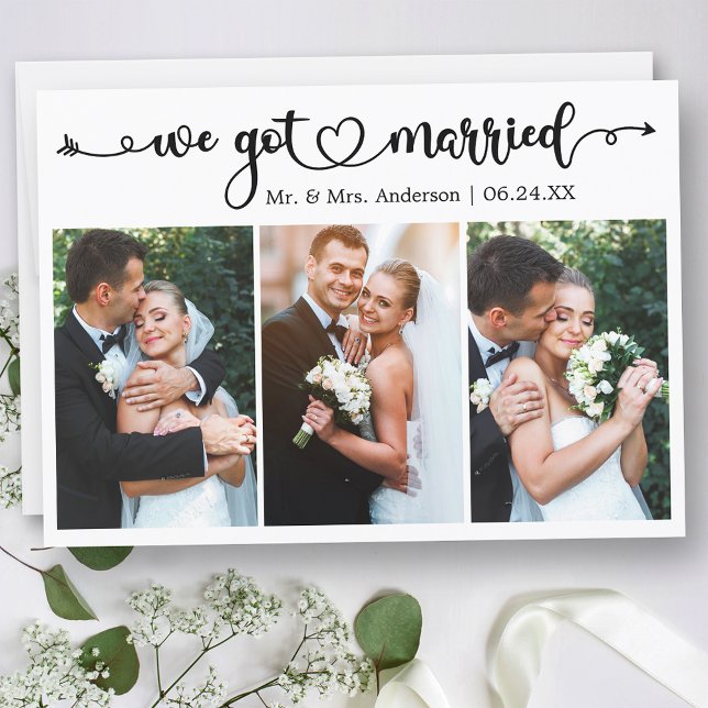 We Got Married Calligraphy Heart 3 Photo Wedding Announcement (Customize to change your personalized text size, text style or to add text to back of card.)