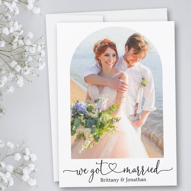 We Got Married Calligraphy Heart Arch Wedding Announcement (Customize to add text or more photos to back of card.)