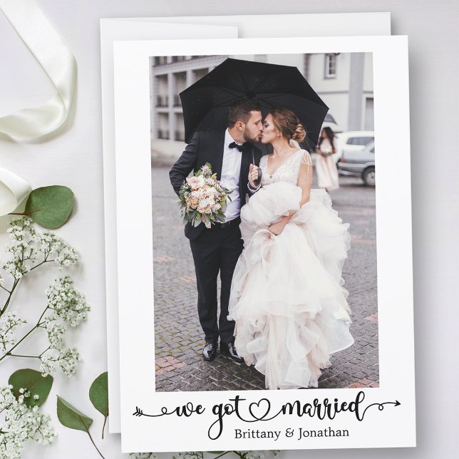 We Got Married Calligraphy Heart Photo Wedding Announcement (Customize to change your personalized text size, text style or to add text to back of card.)