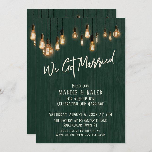 We Got Married Dark Green Wood Edison Lights Invitation (Front/Back)