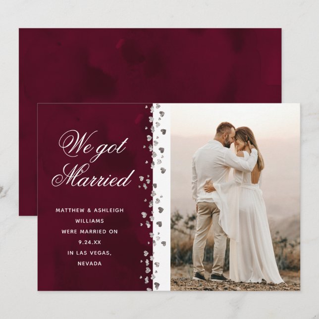 We Got Married Glitter Heart Photo Elopement Red Invitation (Front/Back)