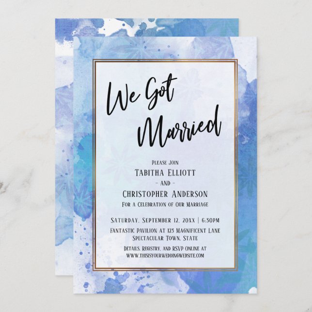 We Got Married Gold Border Abstract Blue Splashes Invitation (Front/Back)
