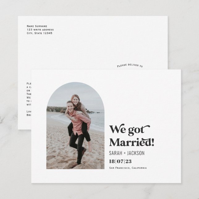 We got married, Modern Arch Simple Photo elopement Announcement Postcard (Front/Back)