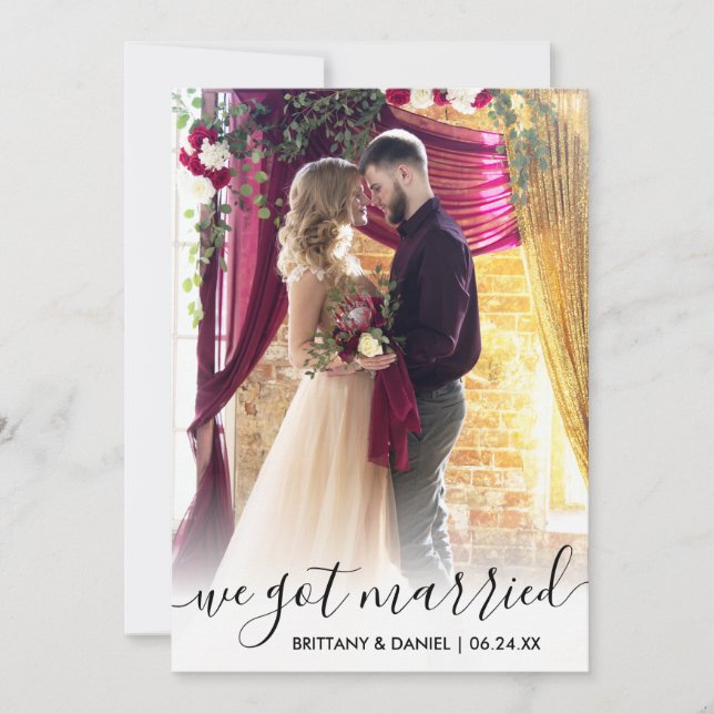 We Got Married Modern Script Overlay Photo Card (Front)