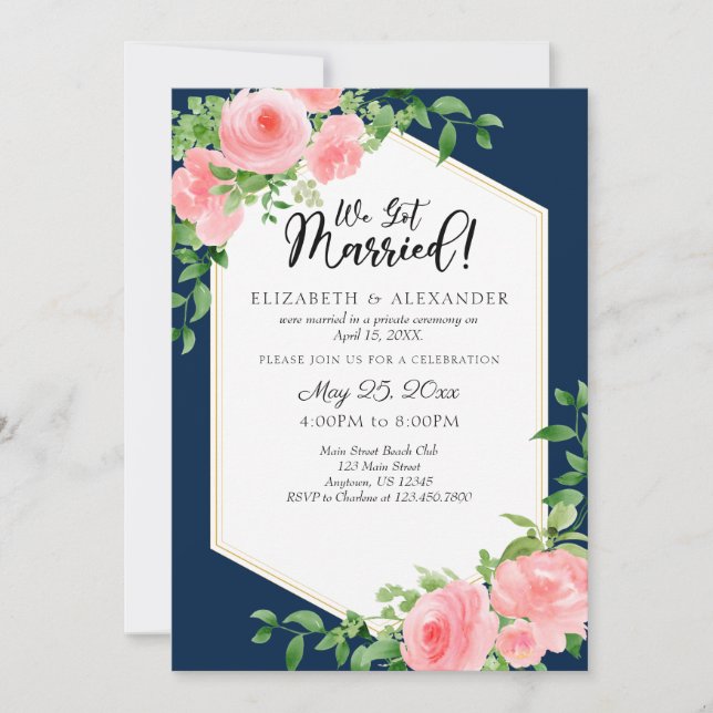 We Got Married Navy Blue Pink Floral Wedding Invitation (Front)
