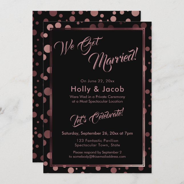 We Got Married! Rose Gold Confetti Bubbles & Black Invitation (Front/Back)