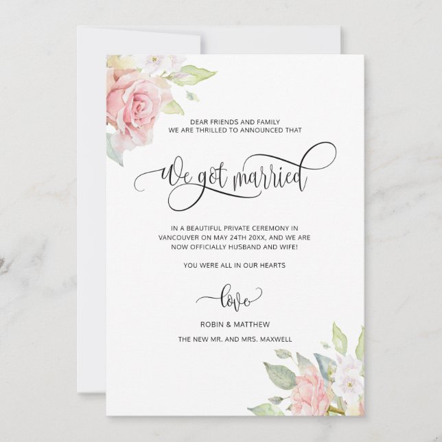 We got Married, Rose Gold Floral Married Wedding Announcement (Front)