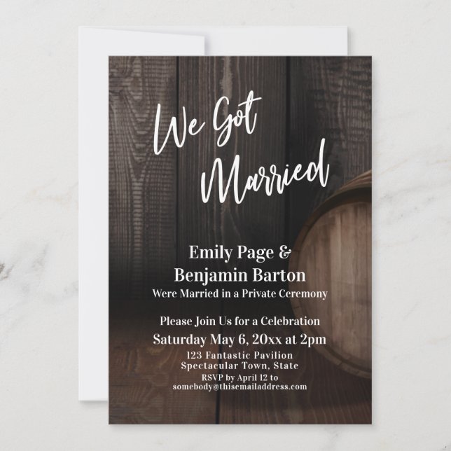 We Got Married Rustic Brown Wooden Barrel Invitation (Front)