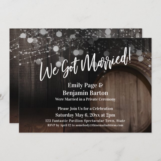 We Got Married Rustic Wood Barrel and Lights Invitation (Front/Back)