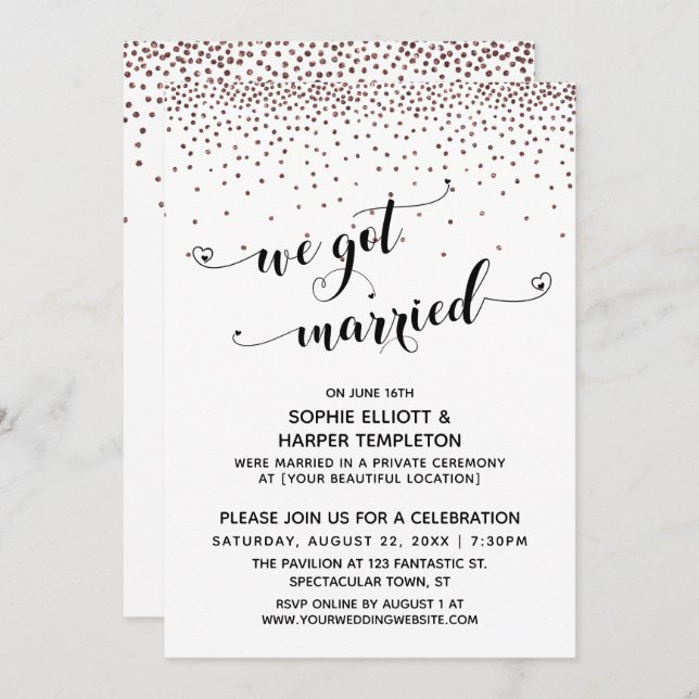 We Got Married Script Rose Gold Confetti Reception Invitation (Front/Back)