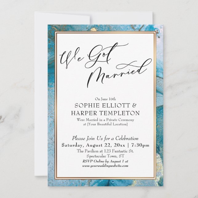 We Got Married Teal & Gold Ink Reception Only Invitation (Front)