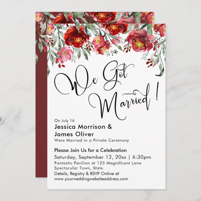 We Got Married Typography Burgundy Red Flowers Invitation (Front/Back)