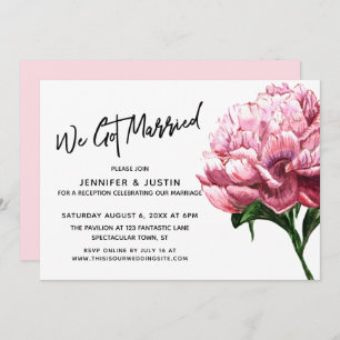 We Got Married Typography, Pink Watercolor Peony Invitation