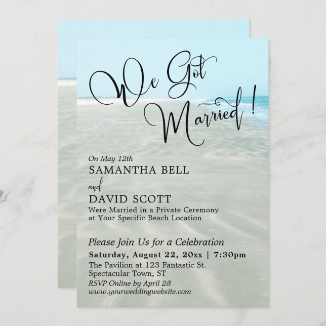 We Got Married Typography Rippled Sand Aqua Water Invitation (Front/Back)