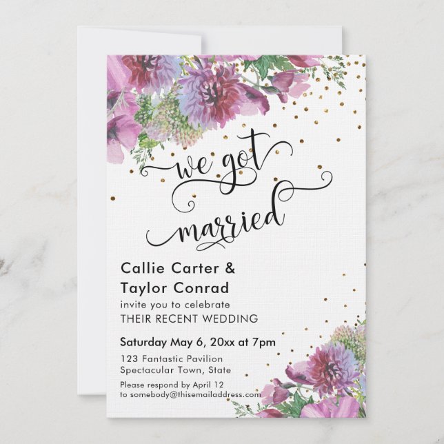 We Got Married Typography Wildflower Gold Confetti Invitation (Front)