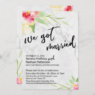 We Got Married Watercolor Flowers & Grey Marble Invitation