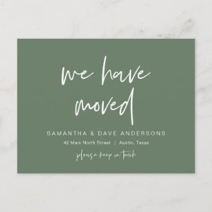 We have moved, Announcement, Modern Sage Green Postcard