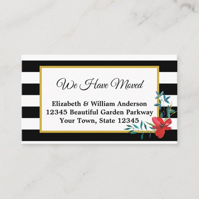 We Have Moved Black and White Striped with Flower Enclosure Card (Front)