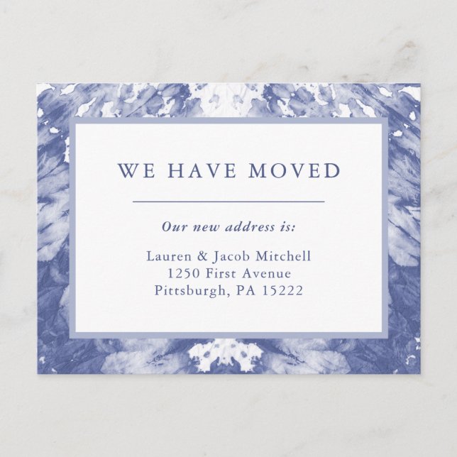 We Have Moved | Blue Tie Dye Moving Announcement Postcard (Front)