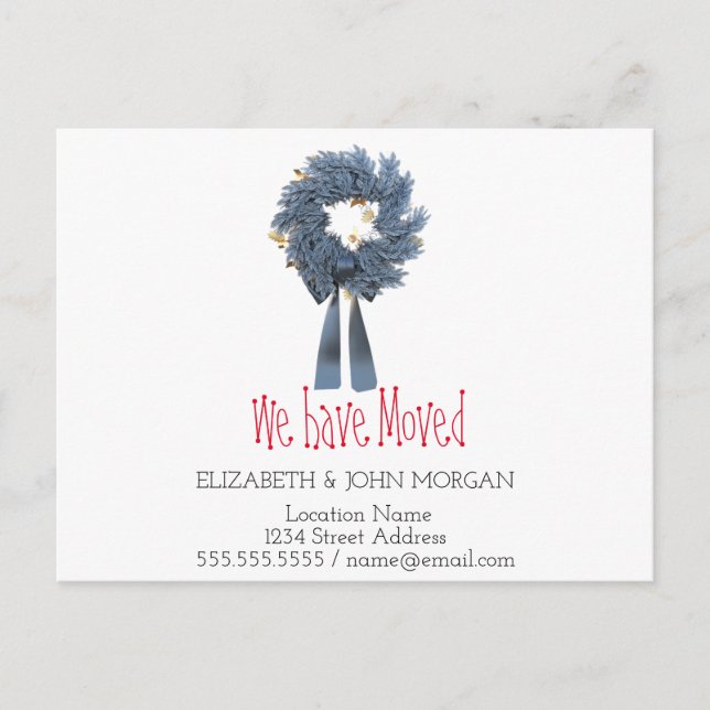 We Have Moved,Blue Wreath, New Address Announcement Postcard (Front)