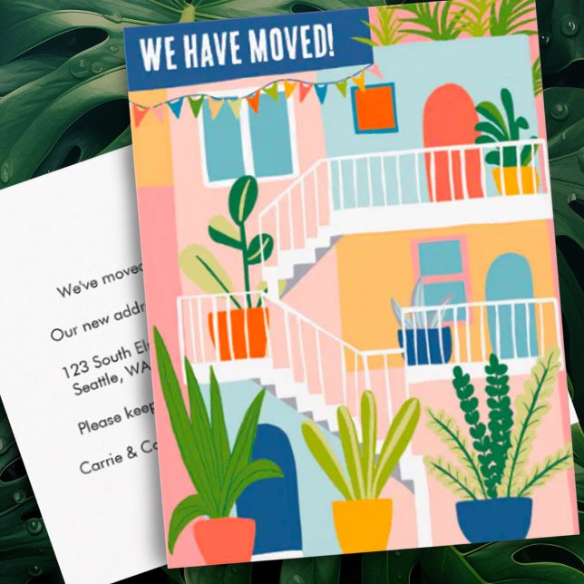 We Have Moved Change of Address Tropical Apartment Postcard (Moving announcement address change relocation colorful apartment custom postcard)