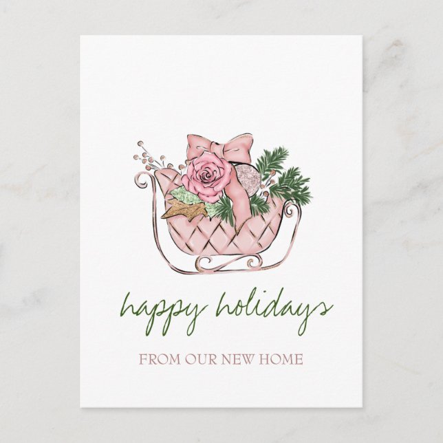 We Have Moved,Chic Pink Sleigh Announcement Postcard (Front)